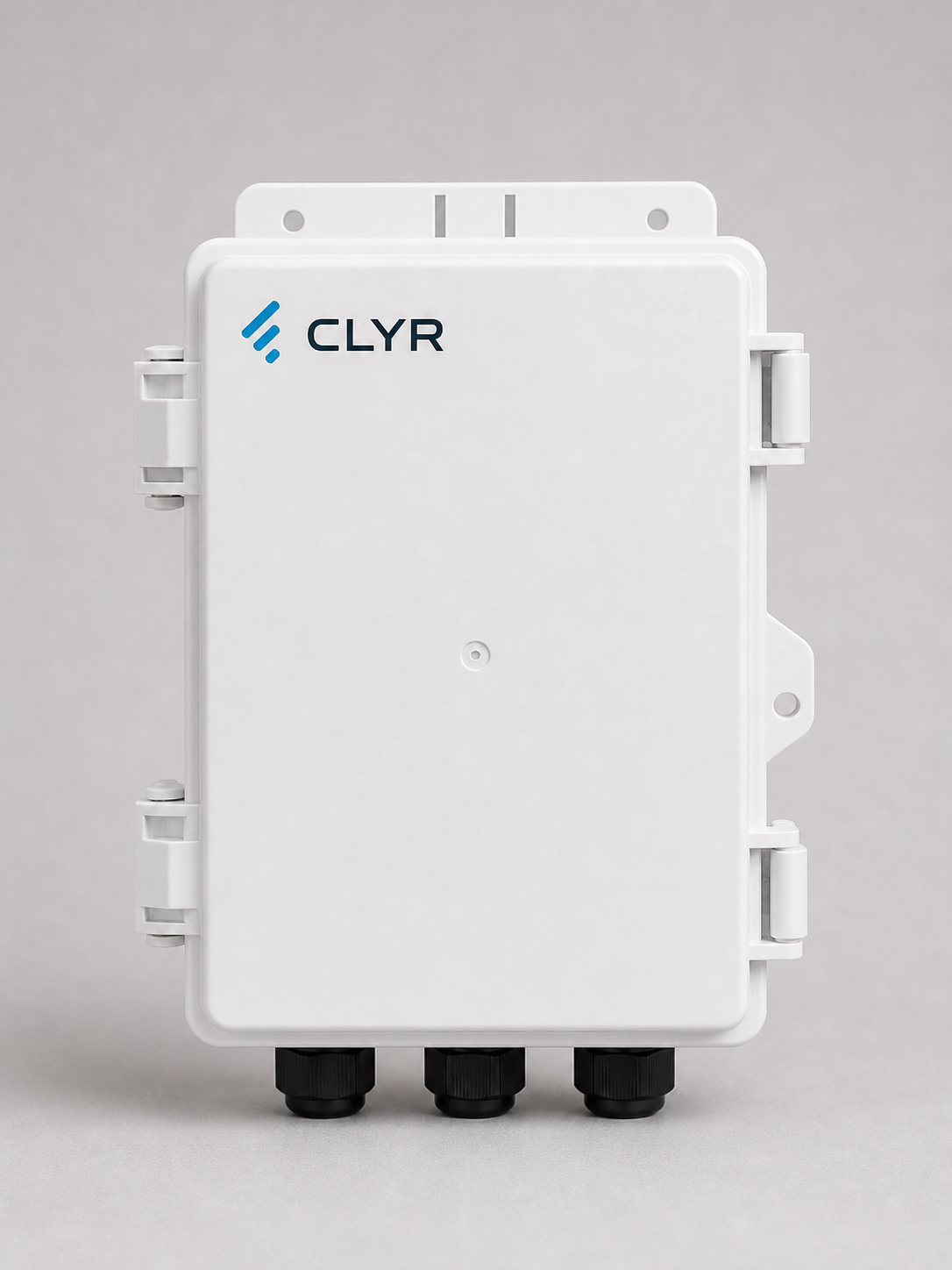 White Clyr Nano enclosure with CLYR logo, mounting tabs, and three cable glands